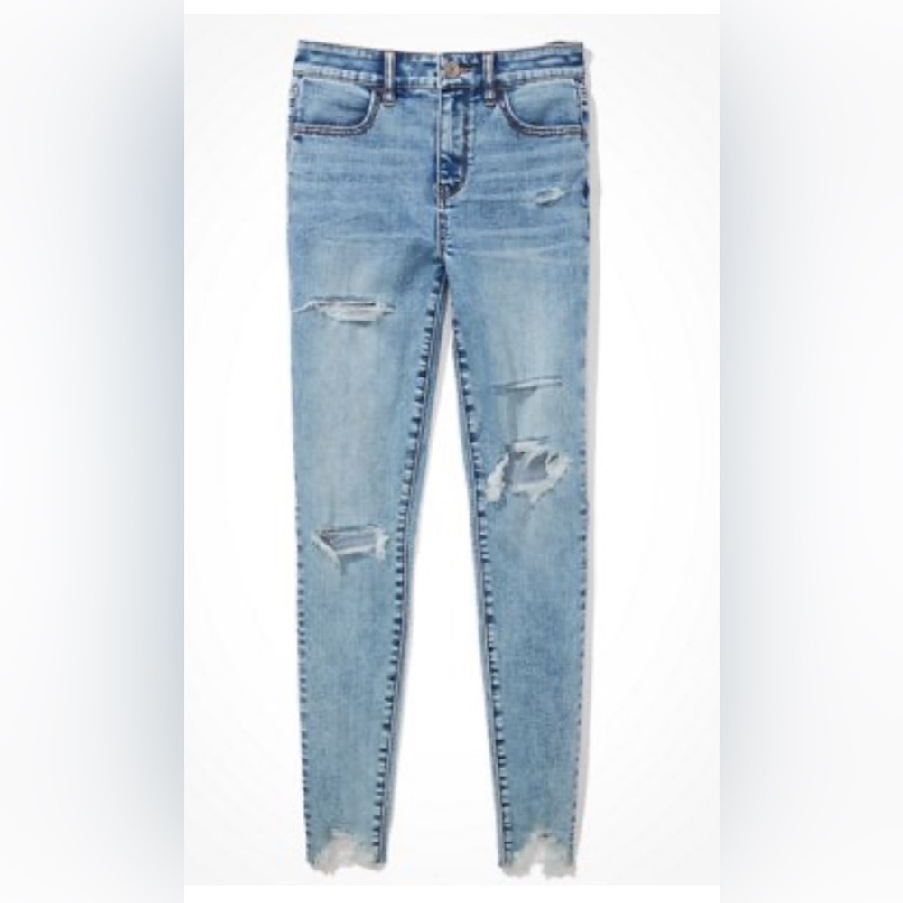 NWT AE Destroyed Light Blue Hi-Rise Jeggings Stretch Jeans Size 6 Short 28W